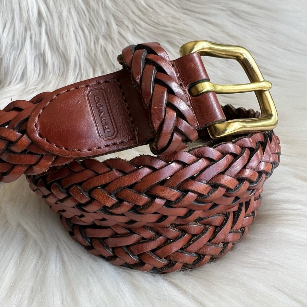 Coach Vintage Braided British Tan Brown Woven Leather Belt Brass Buckle Unisex